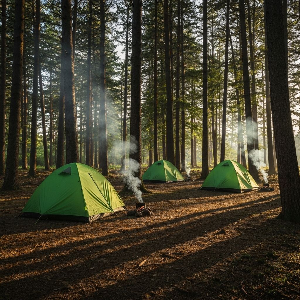Campsite tents in a forest with morning light