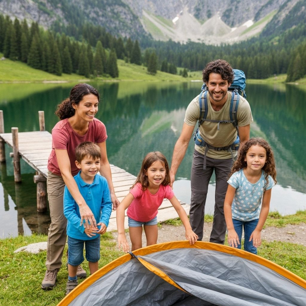 Family by a lakeside campsite at sunset