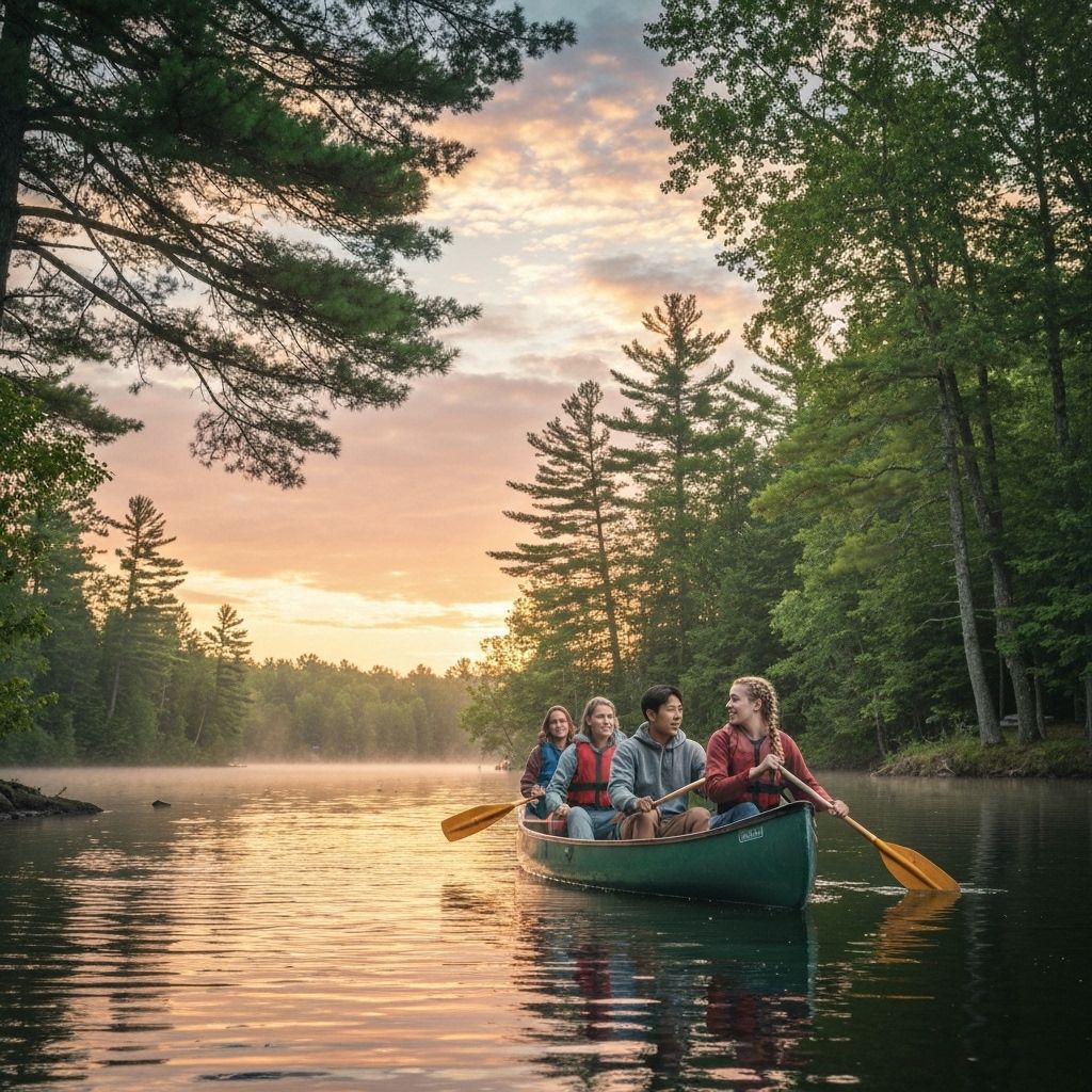 Canoe on a lake at sunrise near a summer camp